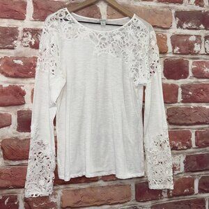Sundance Shirt Womens Large White Lace Long Sleeve Boho Pullover Floral Top